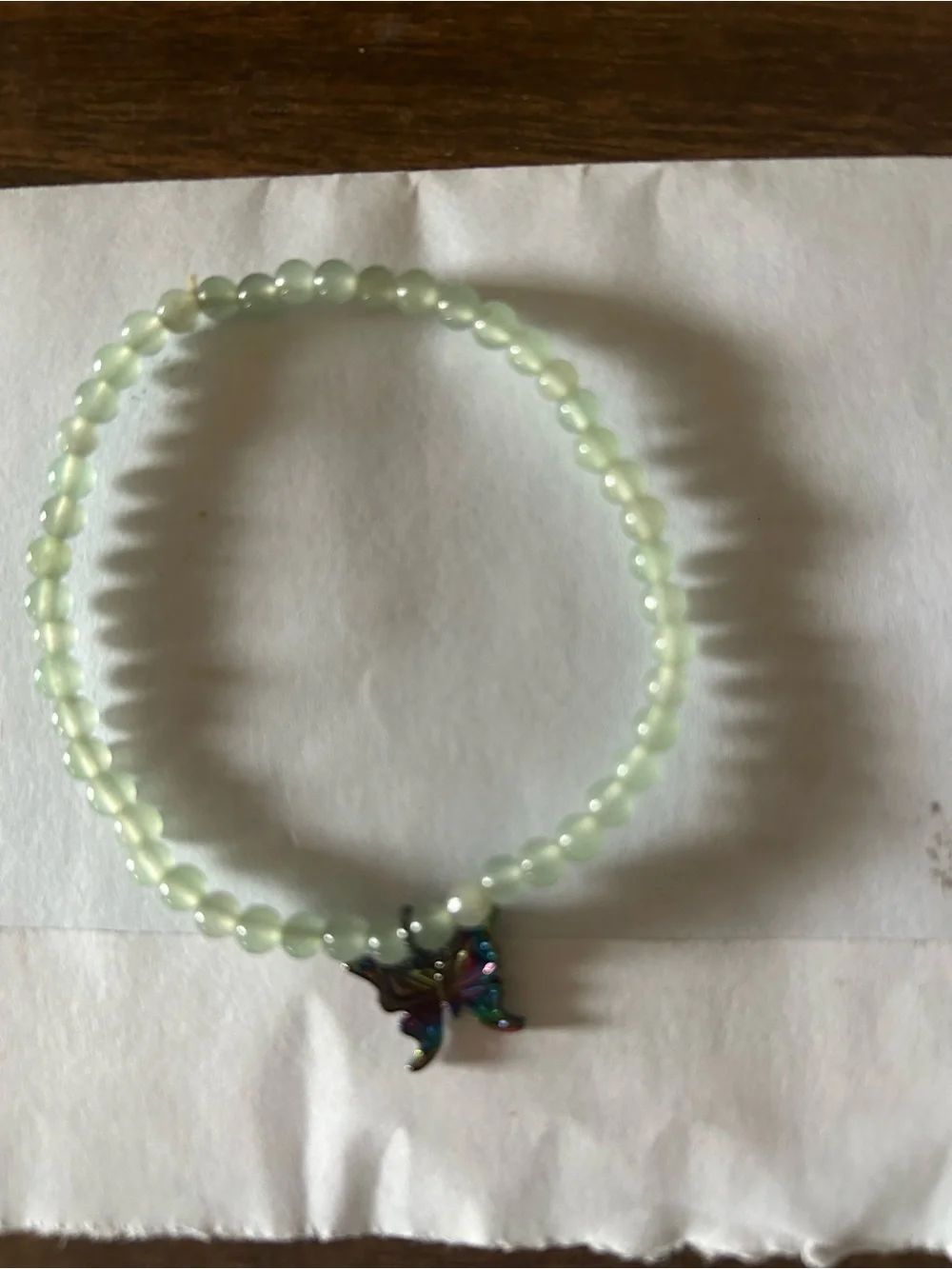 2 bracelets Light Green Beaded Bracelet with Iridescent Butterfly Charm